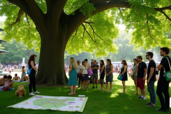 En el corazón de Tompkins Square Park, una escena vibrante se desarrolla bajo el dosel expansivo del 'árbol de liebre krishna', un majestuoso olmo estadounidense con un tronco resistente y exuberantes hojas verdes. El Sun filtra a través de las ramas, lanzando luz moteada a un grupo diverso de elegantes neoyorquinos, principalmente en sus '30 años', que se reúnen para una gira única de planta e historia. Están vestidos con un atuendo informal moderno, con algunas con gafas de sol de gran tamaño y otras que se encuentran coloridas bolsas de bolsas, cada una con el logotipo de 'Rose original', el estudio de diseño de plantas fundado por su guía, Olivia Rose. Olivia, una artista y diseñadora de 33 años, se encuentra con confianza en el frente, su mano descansando sobre el baúl del árbol mientras comparte apasionadamente la rica historia del parque, su voz animada y atractiva. La multitud, compuesta por artistas, escritores y músicos, escucha con atención, sus expresiones una mezcla de curiosidad y admiración. Ce