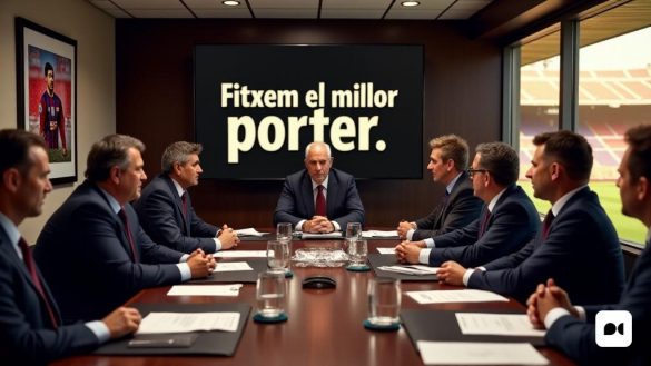 En primer plano, una tensa sala de reuniones llena de funcionarios del FC del Barcelona, ​​incluido el presidente Joan Laporta, que parece seria y contemplativa, sentada en una gran mesa de conferencias. En la pared detrás de ellos, una pantalla grande muestra las palabras 'Fitxem El Millor Porter' en letras audaces y sorprendentes. La atmósfera está acusada de urgencia ya que los documentos y las estadísticas de los jugadores se dispersan en la mesa. A un lado, una imagen enmarcada de Marc-André Ter Stegen en acción, con la icónica camiseta del Barça, destaca el peso emocional de las discusiones. En el fondo, una ventana revela el icónico estadio Camp Nou, bañado a la luz dorada de un sol poniente, simbolizando la rica historia del club y el peso de sus decisiones. Las expresiones en las caras de los funcionarios reflejan una combinación de determinación y preocupación, encapsulando el momento de transición para el equipo mientras se preparan para despedirse de un jugador legendario.