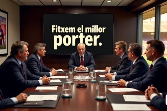 En primer plano, una tensa sala de reuniones llena de funcionarios del FC del Barcelona, ​​incluido el presidente Joan Laporta, que parece seria y contemplativa, sentada en una gran mesa de conferencias. En la pared detrás de ellos, una pantalla grande muestra las palabras 'Fitxem El Millor Porter' en letras audaces y sorprendentes. La atmósfera está acusada de urgencia ya que los documentos y las estadísticas de los jugadores se dispersan en la mesa. A un lado, una imagen enmarcada de Marc-André Ter Stegen en acción, con la icónica camiseta del Barça, destaca el peso emocional de las discusiones. En el fondo, una ventana revela el icónico estadio Camp Nou, bañado a la luz dorada de un sol poniente, simbolizando la rica historia del club y el peso de sus decisiones. Las expresiones en las caras de los funcionarios reflejan una combinación de determinación y preocupación, encapsulando el momento de transición para el equipo mientras se preparan para despedirse de un jugador legendario.