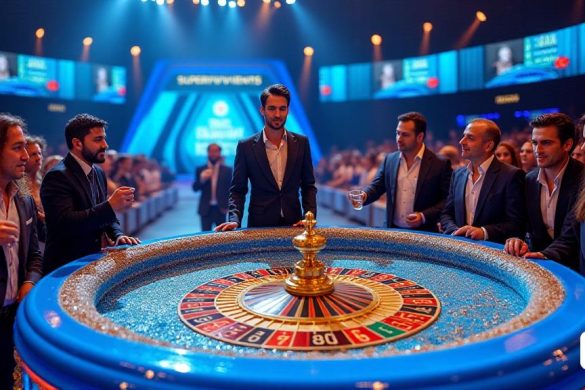 En un conjunto vibrante y colorido del reality show 'Supervivientes', la atmósfera está cargada de tensión y emoción. El enfoque central es una gran y adornada 'Ruleta de Posido', adornada con acentos dorados brillantes y vibrantes tonos azules, simbolizando las profundidades del océano. Los concursantes, incluidos Pelayo Díaz, Álvaro Muñoz Escassi y Montoya, se reúnen, sus expresiones una mezcla de anticipación y ansiedad. Pelayo se destaca con confianza, una figura elegante con un atuendo agudo, sus ojos brillan con determinación mientras se prepara para tomar una decisión fundamental. El telón de fondo presenta pantallas grandes que muestran los nombres de los concursantes y los últimos resultados de votación, mientras que la audiencia se ve en el fondo, sus caras llenas de curiosidad y afán. Las luces brillantes de estudio iluminan la escena, lanzando sombras dinámicas que mejoran el efecto dramático. La atmósfera es eléctrica, llena del zumbido de los murmullos y el tintineo de las gafas de la audiencia,