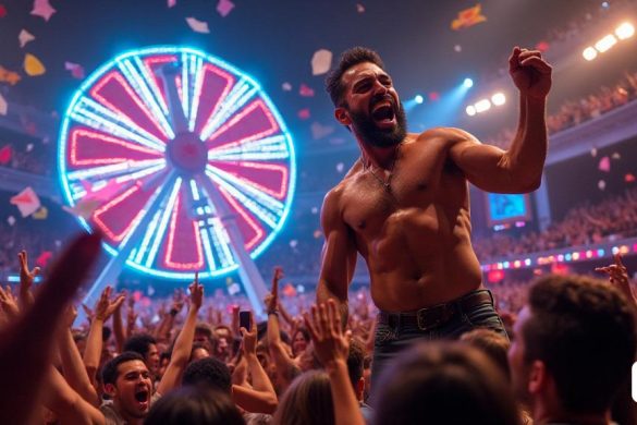 En un escenario vibrante y caótico de un reality show, el 'Nòria Infernal' se mantiene alto, una enorme rueda giratoria adornada con luces 'neón' brillantes y banderas coloridas revoloteando en la brisa. La rueda está rodeada de una multitud que viene, sus caras llenas de emoción y anticipación. En primer plano, Álvaro Muñoz Escassi, una figura resistente y determinada, se ve agarrando el borde de la rueda, sus músculos se tensan y brillan con sudor bajo las luces de 'estudio' deslumbrantes. Su expresión es una mezcla de concentración y agotamiento, lo que refleja el intenso desafío que enfrenta. Detrás de él, la anfitriona, Laura Madrueño, lo está alentando animadamente, sus brazos levantados con emoción, vestidos con un atuendo elegante que contrasta con el ambiente caótico. Una gran 'pantalla' en el fondo muestra una alimentación en vivo de Sheila Casas, su rostro radiante y lleno de amor, mientras expresa sus sentimientos por Álvaro. La atmósfera es eléctrica, con un confeti colorido que lloven mientras E
