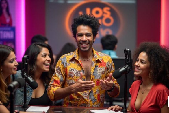 En un estudio de radio vibrante y bullicioso, Mario Vaquerizo se encuentra en el centro, exudando carisma y energía. Está vestido con un atuendo elegante y extravagante, con una camisa brillante y estampada con colores audaces que reflejan su personalidad única. Su cabello tiene un estilo impecablemente, mostrando su aspecto característico. Alrededor de él hay micrófonos y equipos de sonido, con el logotipo icónico de 'Los40' que se muestra prominentemente en el fondo. El ambiente es animado, lleno de emoción mientras habla animadamente sobre la colaboración entre Alaska y Aitana. A su izquierda, Dani Moreno 'El Gallo' y Cristina Boscá, los anfitriones de la radio, se inclinan con expresiones intrigadas, escuchando ansiosamente y listos para participar. El estudio está adornado con carteles de artistas famosos, incluida Alaska, capturando la esencia de la cultura pop. Un brillo suave de las luces de estudio lanza un ambiente cálido, que mejora la atmósfera de anticipación para la próxima canción 'La Chica Per