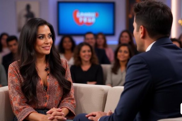 En un estudio de televisión brillantemente iluminado, Alba Carrillo, una mujer llamativa de unos treinta años, se sienta cómodamente en un sofá lujoso y moderno, su expresión una mezcla de sinceridad y humor. Ella tiene un cabello oscuro largo y fluido que cae sobre sus hombros y enmarca su rostro, acentuando sus expresivos ojos marrones. Vestida con una blusa elegante y equipada adornada con patrones vibrantes, exuda confianza mientras se involucra en una conversación sincera. El set está decorado con piezas de arte contemporáneas e iluminación suave que crea una atmósfera acogedora. Frente a ella, Javi de Hoyos, un anfitrión carismático con una cálida sonrisa, se inclina, escuchando atentamente sus revelaciones sobre su vida amorosa. El público, un grupo diverso de hombres y mujeres, está cautivado, algunos riendo de los ingeniosos comentarios de Alba sobre sus experiencias de citas. Una pantalla grande en el fondo muestra el logotipo del programa, 'La Familia de la Tele', mientras que una pancarta sutil en