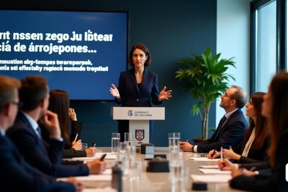 En una sala de conferencias de prensa bien iluminada, 'Consellera de Interior' Núria Parlon se encuentra en un podio elegante y moderno adornado con el emblema del Generalitat de Catalunya. Está vestida con un blazer azul marino profesional, su expresión seria pero accesible, mientras se dirige a un grupo diverso de periodistas sentados frente a ella. Detrás de ella, una pantalla grande muestra puntos clave de su discurso en audaz texto blanco contra un fondo azul oscuro. El público es una mezcla de hombres y mujeres, algunos tomando notas mientras que otros sostienen micrófonos para capturar sus palabras. La atmósfera se encarga de anticipación, ya que los reporteros se inclinan hacia adelante, ansiosos por atrapar cada detalle de sus anuncios con respecto a 'puertos', 'aeropuertos' y los próximos 'subvenciones' para los municipios locales. La habitación está decorada con plantas en macetas, agregando un toque de vegetación al entorno formal, mientras que una gran ventana deja en la luz natural, iluminando e
