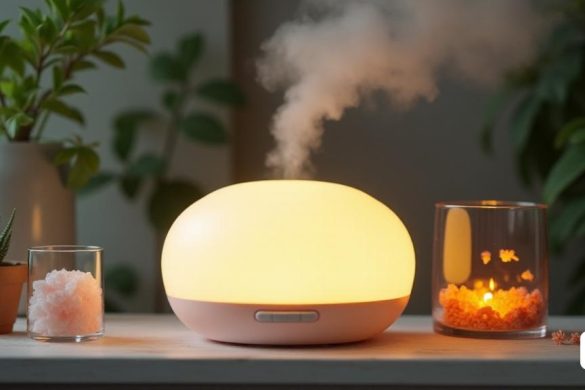 Imagine un difusor ultrasónico diseñado elegantemente, ubicado en una mesa de madera transparente, iluminada por una 'luz LED blanca cálida' que emite un brillo suave. El difusor, en forma compacta y dimensiones de 21 x 13 x 13 cm, tiene una superficie suave y moderna, con un acabado en tonos blancos y grises que están perfectamente integrados en cualquier decoración. Junto a él puede ver una 'jarra de medidor de medidor' de vidrio transparente, con agua ligera que refleja la luz cálida del difusor y un paquete de 'cristales de sal del Himalaya con una apariencia atractiva, que da un toque de color natural. En el fondo, una atmósfera acogedora con plantas verdes y almohadas suaves que invitan a la relajación, mientras que una ventana deja entrar una luz suave, creando una sensación de tranquilidad. El difusor emite un vapor fino, que se puede ver ligeramente flotando en el aire, agregando una dimensión de serenidad a la escena. Todo el entorno transmite una sensación de bien, ideal para aquellos que buscan un