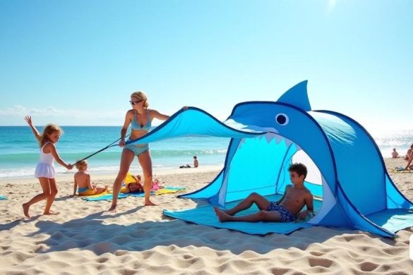Imagine una escena vibrante en una playa soleada, donde se exhibe prominentemente un alegre 'paravente' (tiburón) (paravente "(break de viento). El 'ParaVent' tiene la forma de un tiburón azul amigable, completo con 'aletas' juguetones y una cresta caprichosa, creando una atmósfera divertida y acogedora para los niños. Se mide aproximadamente 120 cm de ancho, 60 cm de alto y 120 cm de largo, proporcionando una amplia sombra para los niños que juegan debajo. La tela está hecha de 'poliéster' ligero, que muestra un color azul brillante con acentos blancos que imitan el vientre del tiburón. La playa está llena de familias que disfrutan del sol del verano, mientras que el 'Paravente' ofrece un espacio seguro y sombreado para que los niños jueguen, lean o tomen una siesta. Cerca, una madre establece sin esfuerzo el 'Paravente' arrojándolo al aire, viéndolo desarrollarse en segundos, mostrando su fácil ensamblaje. La escena captura la esencia de la diversión del verano, con niños riendo, jugando en la arena y disfr