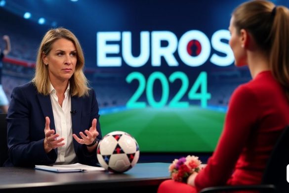 La escena captura a una intensa y enfocada Sarina Wiegman, la gerente de fútbol de Inglaterra, sentada en un estudio de entrevista moderno y bien iluminado. Está vestida con un broma azul marino sobre una crujiente blusa blanca, su expresión seria pero decidida mientras entabla una conversación con la ex leona Alex Scott, que está sentada frente a ella con un vestido rojo vibrante que simboliza la pasión y la energía. Detrás de ellos, una pantalla grande muestra las palabras 'Euros 2024' en letras en negrita, rodeadas de gráficos dinámicos de fútbol y la bandera de Inglaterra, creando un telón de fondo de anticipación y emoción. La iluminación es brillante pero suave, resaltando a las dos mujeres mientras lanza sombras suaves que agregan profundidad a la configuración. En la mesa entre ellos, una fútbol descansa, simbolizando el deporte que los une, mientras que un pequeño ramo de flores agrega un toque de calor a la escena. La atmósfera se encarga del peso de las expectativas, ya que Wiegman habla sobre los