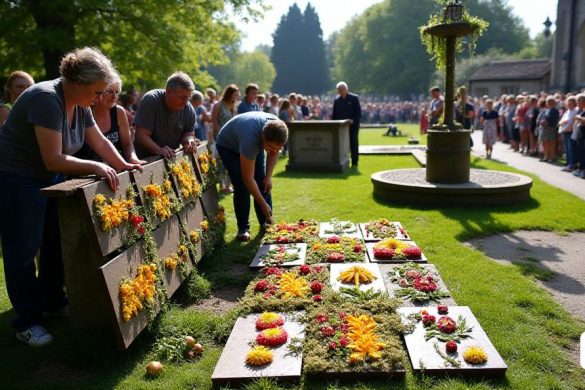 La escena captura la atmósfera vibrante del festival 'Endon Well Vesting' en un pintoresco pueblo de Staffordshire. En primer plano, un grupo de 'tocadores de pozo' dedicados organizan meticulosamente un conjunto elaborado de 'tablas decorativas' adornadas con coloridos materiales naturales. Los tableros, empapados en el cercano 'arroyo', están adornados con 'flores', 'nueces de haya' y 'liquen', creando diseños intrincados que celebran aniversarios significativos, incluido el nacimiento 250 de 'Jane Austen' y el 60 aniversario de la fallecimiento de 'Winston Churchill'. El pozo principal, con 12 tableros, se encuentra majestuosamente, mientras que un pozo más pequeño, ubicado a unos 200 metros de la carretera, muestra tres tablas adicionales. Los tocadores de pozo, dirigidos por 'Barbara Hall', se ven trabajando diligentemente, sus expresiones una mezcla de orgullo y pasión mientras presionan 'musgo' alrededor de los bordes para mejorar los colores. En el fondo, una multitud de 'visitantes' admira la obra de