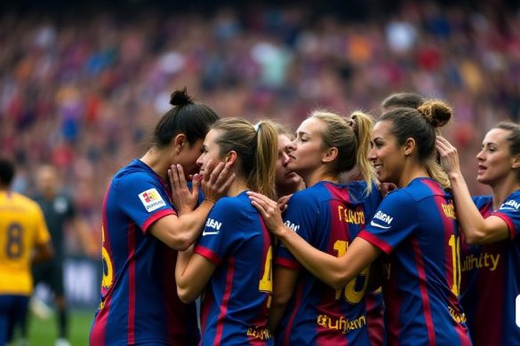 La escena captura las consecuencias emocionales de la Final de la Liga de Campeones Femeninas de la UEFA, donde el equipo femení del FC Barcelona enfrentó una derrota desgarradora contra el Arsenal. En primer plano, un grupo de jugadores, vestidos con sus icónicas camisetas de 'Blaugrana', están acurrucados, sus caras que reflejan una mezcla de 'tristeza' y 'determinación'. Las lágrimas corren por las mejillas de unos pocos jugadores, mientras que otros abrazan con fuerza, sus expresiones transmiten 'ira' y 'decepción' ante la pérdida. El fondo está lleno de un mar de fanáticos en las gradas, muchos agitando banderas 'Barcelona' y con colores de equipo, sus caras una combinación de 'apoyo' y 'simpatía'. Algunos fanáticos se ven con sus manos sobre sus corazones, mientras que otros sostienen signos de aliento, mostrando mensajes como '¡Estamos orgullosos de ti!' y "¡la próxima vez, ganaremos!". La atmósfera se encarga de un sentido palpable de 'unidad' a medida que los partidarios cantan el nombre del equipo,