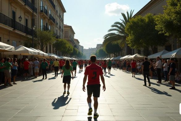 La escena captura las 'Diada de Fires' en Vilafranca, donde la plaza es predominantemente 'gris' debido a las 'baldosas' bajo los pies, en contraste con las vibrantes camisas 'verdes' y 'rojas' de las 'colas'. La plaza parece 'medio vacía', con una multitud escasa reunida debajo de los 'árboles de aviones' y los 'balcones' de los edificios circundantes. La atmósfera es sometida, especialmente después de una pausa para atender a los participantes 'lesionados', lo que lleva a una notable disminución de asistencia durante la tercera ronda. El sol, aunque no es tan intenso como en un típico '30 de agosto', todavía lanza un brillo cálido, lo que lo hace incómodo para los que están parados en el centro de la plaza. En contraste, el evento de la semana anterior, el 'Mostra Internacional de Torres Humanos', había atraído a una multitud mucho más grande, mostrando una atmósfera animada y atractiva. La imagen refleja una lucha por el prestigio del evento, con los azulejos 'grises' simbolizando a la audiencia cada vez m