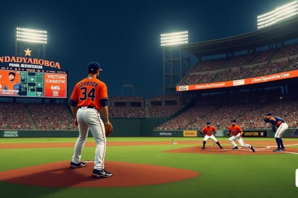 La escena captura un estadio de béisbol vibrante bajo las luces brillantes de un juego nocturno, con una energía palpable en el aire. El campo está perfectamente cuidada, un rico tono verde que contrasta con las líneas de tiza blanca que marcan las bases y el montículo de lanzadores. En primer plano, Colton Gordon, un 'zurdo' de 26 años, se encuentra en el montículo, su brazo izquierdo está preparado para entregar un lanzamiento. Lleva el tradicional uniforme de 'Houston Astros', completo con una gorra azul marina y una camiseta naranja brillante, estampada con el número '34' en su espalda. Su expresión es una de determinación feroz, los ojos enfocados intensamente en 'Bobby Witt Jr.', la masa en el plato. La multitud detrás de él es un mar de colores de Astros, caras iluminadas por las luces del estadio, algunos que sostienen signos de aliento. El marcador en el fondo muestra la situación actual del juego, con los Astros liderando 4-3, lo que se suma a la tensión del momento. Cerca, 'Catcher Victor Caratini'