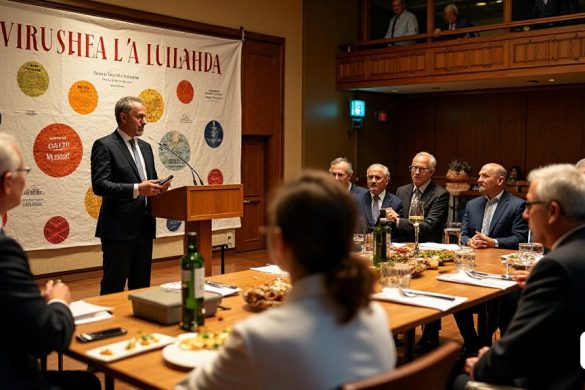 La escena captura un evento de presentación de libros vibrante y atractivo celebrado en el 'Salón de Actos' de la diputacia de Lleida. En primer plano, 'Joan estaràs', el presidente de la diputacia, se encuentra con confianza en un podio, dirigiéndose apasionadamente a la audiencia sobre la importancia del libro 'La Cocina de Lleida'. Está flanqueado por 'Jaume Fàbrega', el autor, que se ve con una copia del libro, y 'Enric Viladot', el director de la editorial, ambos asienten de acuerdo. El telón de fondo presenta una gran pancarta que muestra la portada del libro, adornada con imágenes de platos tradicionales 'Lleida' e ingredientes locales. La audiencia, una mezcla de entusiastas culinarios y dignatarios locales, está sentado en filas, escuchando atentamente, y algunos toman notas. En las mesas cercanas, se muestra una variedad de productos locales, que incluye 'Aceite de Oliva', 'Fruta Dulce' y 'Quesos', enfatizando el tema de 'Gust de Lleida'. En la esquina, 'Montse Freixa', el chef y el sumiller, se pre