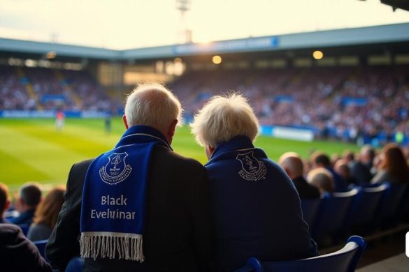 La escena captura un momento conmovedor en Goodison Park, donde Anne y John, ambos en sus ochenta, se sientan hombros con hombro, sus 'bufandas del Everton' cubrieron el cuello, disfrutando del cálido brillo del sol de la mañana. El icónico 'Gwladys Street End' se cierne en el fondo, sus soportes llenos de una mezcla de nostalgia y anticipación. John, reflexionando sobre su primer juego hace 60 años, mira cuidadosamente el campo, mientras que Anne, con un toque de tristeza, mira hacia el horizonte, simbolizando el final de una época. El ambiente es una mezcla de celebración y melancolía, ya que la pareja reconoce su último partido en este terreno histórico. Cerca, un miembro del personal establece apresuradamente una nueva marca para el 'estadio Hill Dickinson', en contraste al viejo con lo nuevo. Los fanáticos a su alrededor expresan una variedad de emociones, desde la emoción sobre el futuro hasta la decepción por el cambio de nombre, encapsulando la compleja relación entre la tradición y la modernidad en e