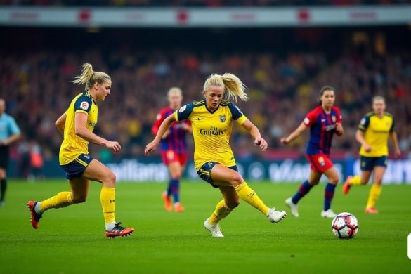 La escena captura un momento fundamental en un partido de fútbol de alto riesgo, donde Beth Mead de Arsenal ejecuta un 'pase inverso uppista' preciso en el exuberante campo verde, los colores vibrantes de la hierba que contrastan con los kits de los jugadores. En primer plano, el delantero sueco Stina Blackstenius, con su sorprendente cabello rubio y su expresión determinada, hace un medio giro rápido, su cuerpo en ángulo perfectamente para permanecer en el hombro de la 'defensa de Barcelona'. La atmósfera es eléctrica, con los ventiladores en las gradas que estallan en anticipación. A medida que se acerca la pelota, Blackstenius se extiende, su pie se conecta con la pelota en un movimiento elegante pero poderoso. El momento está congelado en el tiempo, capturando su primer toque mientras controla la pelota sin esfuerzo. En el fondo, la libra de líneas observa con atención, mientras que los defensores opositores se apresuran a reaccionar. La intensidad del momento es palpable, con el marcador que refleja un t