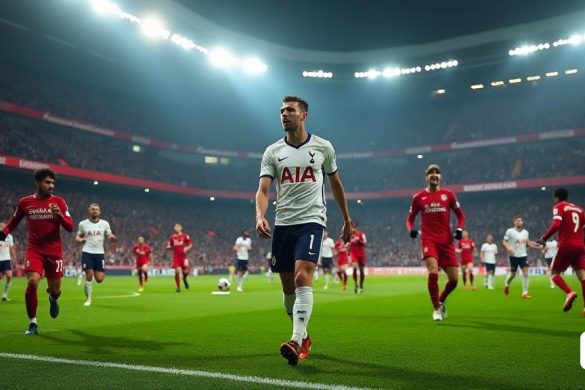 La escena captura un momento tenso de la final de la Europa League 2024-25 celebrada en el icónico estadio de San Mames, llamado cariñosamente 'The Cathedral' por los lugareños. El estadio es un mar de colores contrastantes, con el vibrante rojo y blanco de los fanáticos de Tottenham Hotspur que chocan contra los profundos carmesí de los partidarios del Manchester United. La atmósfera es eléctrica, llena de una cacofonía de vítores y jadeos mientras los jugadores de ambos equipos se tambalean en el campo. En primer plano, Brennan Johnson, con la camiseta blanca del Tottenham, estampada con la cresta del club, está en incredulidad después de anotar un gol desaliñada y mal tiempo que ha escrito 'OG' por todas partes, un gol feo en marcado contraste con las altas estacas del partido. Sus compañeros de equipo se apresuran a celebrar, enfrenta una mezcla de alegría e incredulidad, mientras que los jugadores de United parecen desanimados, sus expresiones reflejan la presión de la ocasión. El tono está marcado por m