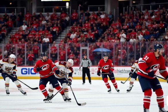 La escena captura un momento tenso durante un intenso juego de hockey en Sunrise, Florida. La arena está llena de un mar de fanáticos, sus caras de anticipación y ansiedad, con los colores vibrantes de los Huracanes de Carolina y los Panteras de Florida. Las brillantes camisetas 'rojos' y 'negros' dominan un lado, mientras que el lado opuesto muestra atuendo 'azul' y 'dorado'. La pista de hielo brilla bajo las brillantes luces de la arena, reflejando la energía de la multitud. En el hielo, los jugadores están en movimiento, con el "centro de los huracanes, 'Sebastian aho', mostrando una mirada de determinación mientras patina hacia el disco, mientras que el defensor de los Panthers, 'Aaron Ekblad', está listo para interceptar. El marcador se cierne arriba, mostrando una puntuación cercana de '1-1', pero la atmósfera se carga con el cambio inminente que promete el tercer período. En el fondo, el cuerpo técnico, incluido 'Rod Brind'amour', se puede ver discutiendo animadamente la estrategia, sus expresiones que