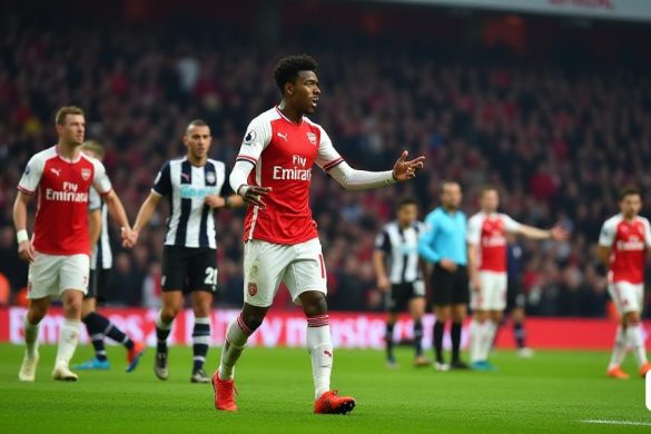 La escena captura un momento tenso durante un intenso partido de la Premier League entre Arsenal y Newcastle United en el icónico Estadio Emirates. El tono es un verde vibrante, perfectamente cuidada, que contrasta bruscamente con el rojo brillante y el blanco del kit casero del Arsenal. En primer plano, Declan Rice, con la camiseta No 41, se ve apasionadamente señalando a sus compañeros de equipo, su rostro es una mezcla de determinación y frustración mientras intenta reunir al equipo después de un comienzo lento. Su frente está fruncida, y sus mejillas están ligeramente hinchadas, enfatizando la intensidad del momento. Detrás de él, las gradas están llenas de fanáticos, un mar de rojo y blanco, sus caras una mezcla de esperanza y ansiedad, algunas banderas y pancartas que leen '¡Vamos Gunners!' y '¡Creemos!' En el fondo, los jugadores de Newcastle están dispuestos en una formación disciplinada 5-4-1, sus kits azul oscuro que contrastan con los vibrantes colores del arsenal. La atmósfera es eléctrica, con el