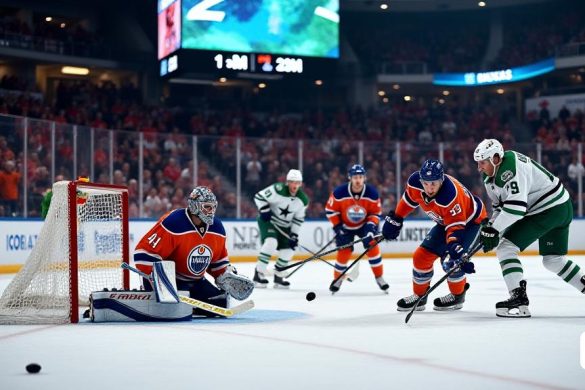 La escena captura un momento tenso durante un juego de hockey de playoffs entre los Edmonton Oilers y los Dallas Stars. La pista de hielo está iluminada por luces superiores brillantes, fundiendo reflejos afilados en la superficie resbaladiza. En primer plano, el portero de los Oilers 'Stuart Skinner' se representa en una pose dinámica, sus ojos se centran intensamente en el disco a medida que se le acerca, mientras que una oleada de acción se desarrolla a su alrededor. Los jugadores de 'Dallas Stars', incluidos 'Mikael Granlund' y 'Matt Duchene', se ven en una lucha caótica cerca de la red, sus expresiones una mezcla de determinación y urgencia. La multitud en el fondo es un mar de 'colores de equipo', con fanáticos con camisetas y banderas agitadas, sus caras que reflejan la intensidad del juego. El marcador en el fondo muestra el puntaje, destacando la lucha de los Oilers mientras se detienen. La atmósfera es eléctrica, llena de los sonidos de los ventiladores que los vítores y la fuerte grieta de palos co