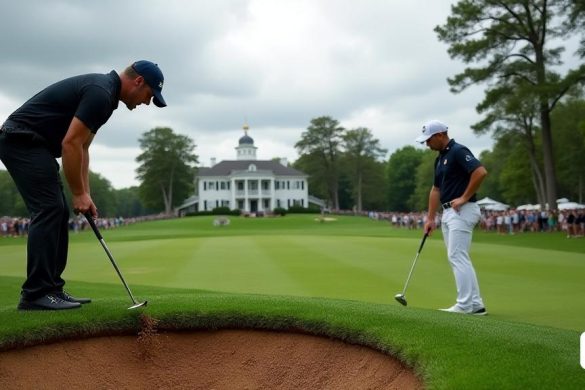 La escena captura un momento tenso en el campo de golf durante el Campeonato PGA de 2025 en Quail Hollow. En primer plano, Shane Lowry, un golfista irlandés, está visiblemente frustrado, su rostro se retorció de ira mientras golpea a su club en el exuberante césped verde. El verde vibrante de la calle contrasta bruscamente con la tierra marrón de un divoto cercano, donde ha aterrizado su pelota. La expresión de Lowry es una de incredulidad e irritación, su boca abierta a mitad de la espalda, probablemente jurando sobre 'este lugar'. En el fondo, la icónica casa club de codorniz Hollow se acerca, su elegante arquitectura enmarcada por árboles altos que se balancean suavemente en la brisa. Cerca, Tyrrell Hatton, un golfista inglés, se encuentra con su conductor en la mano, su lenguaje corporal en tiempo mientras mira el arroyo que corre junto al desafiante hoyo 18. Su frente está fruncida, y parece estar murmurando para sí mismo, claramente frustrado después de un triple bogey costoso. La atmósfera está cargada
