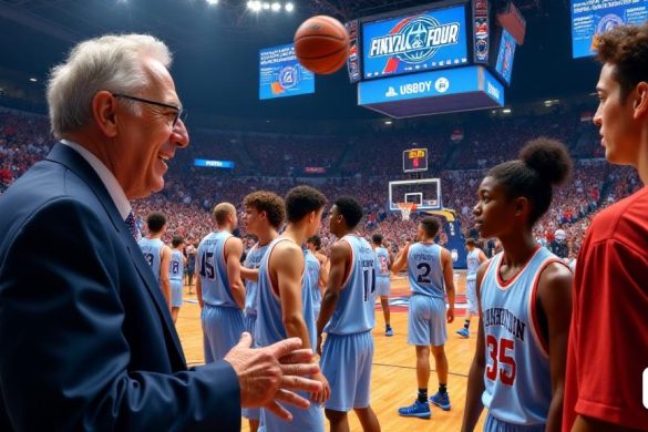 La escena captura una atmósfera vibrante y bulliciosa en el evento de baloncesto Final Four en San Antonio, Texas, celebrado en abril. El lugar está lleno de fanáticos entusiastas con camisetas de sus equipos universitarios favoritos, sus caras pintadas en colores del equipo, mostrando una variedad de 'azul', 'rojo' y 'dorado'. Bright Spotls iluminan la cancha, donde los jugadores se dedican a un juego intenso, sus expresiones son una mezcla de determinación y enfoque. En primer plano, Miško Ražnatović, un hombre de mediana edad con un comportamiento seguro, se ve discutiendo animadamente estrategias con un grupo de jugadores jóvenes, todos los cuales lucen equipo 'baloncesto'. El fondo presenta pantallas grandes que muestran estadísticas y reflejos de jugadores, mientras que la multitud ruge con emoción, pancartas y dedos de espuma. El aire está lleno de los sonidos de las bolas de rebote, las zapatillas chirriantes en el piso de madera pulida y el eco distante del silbato de un árbitro. El ambiente general
