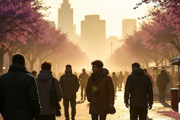 La escena captura una vibrante y bulliciosa calle de Johannesburgo en una mañana fría, donde la 'luz del sol dorada' se filtra a través de la 'niebla' que cuelga en el aire, dando una cualidad etérea a los alrededores. En primer plano, un grupo de 'afrikaners' vestidos con chatetas y bufandas chat de bufandas animada, su aliento visible en el aire frío. Detrás de ellos, el icónico 'Johannesburgo Skyline' se eleva, con edificios modernos yuxtapuestos contra una arquitectura histórica más antigua. A un lado, un vendedor vende 'comida callejera tradicional sudafricana', el aroma atractivo flotando por el aire, atrayendo a los transeúntes. En el fondo, los 'árboles de Jacaranda púrpura' florecen vibrantemente, sus pétalos se dispersaron en el suelo, agregando un chapoteo de color a la escena. La atmósfera es una mezcla de 'emoción' y 'nostalgia', que refleja las complejidades de la vida en Sudáfrica, ya que tanto los lugareños como los visitantes navegan por las calles llenas de 'patrimonio cultural' y 'desafíos