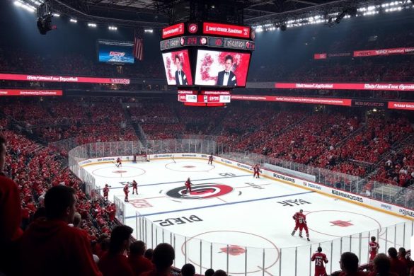 La escena dentro del 'Centro Lenovo' es eléctrica pero tensa, llena de un mar de fanáticos de 'Carolina Hurricanes', todos vestidos de vibrantes camisetas 'rojos' y 'negros', sus caras pintadas con el logotipo del equipo. La arena está llena de anticipación, pero una sensación palpable de frustración se cuelga en el aire, ya que el marcador muestra un desalentador '5-0' contra los 'Panthers de Florida'. Los fanáticos están de pie, algunos agitando las banderas de 'huracanes', mientras que otros expresan su descontento cantando 'disparar al disco' al unísono, sus voces se hacían eco de las paredes. Los jugadores en el hielo aparecen en conflicto; "Jordan Staal", el capitán del equipo, patina con una ceja fruncida, que encarna el peso del liderazgo mientras mira hacia el banco, donde 'Rod Brind’amour', el entrenador, se encuentra con los brazos cruzados, profundamente. El hielo en sí está marcado con los rasguños y rasguños de un juego duro, con el disco deslizándose siniestramente a través de la superficie, si