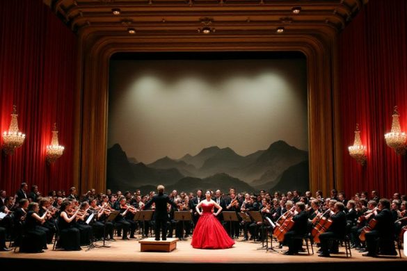 La escena está ambientada en el Grand 'Teatre Municipal de Girona', adornada con elegantes 'candelabros' y cortinas ricas de 'terciopelo rojo' que enmarcan el escenario. El ambiente es eléctrico, lleno de anticipación cuando la audiencia, vestida con atuendo formal, se establece en sus lujosos asientos. En el escenario, el 'Orquestra Simfònica del Vallès' está equilibrado, con músicos con atuendo negro crujiente, sus instrumentos brillan bajo las suaves luces del escenario. El director, 'Andrés Salado', se encuentra con confianza en el timón, su bastón criado, listo para llevar a la orquesta al mundo vibrante de 'Carmen'. El telón de fondo es una representación minimalista de un paisaje de posguerra 'andaluza', con toques de 'montañas' sugeridas por formas abstractas y colores apagados, evocando una sensación de frialdad y desolación. A medida que comienza la actuación, la atención se traslada a 'Mariya Melnychyn', el 'mezzosoprano', que toma el centro del escenario, su presencia al mando pero distante, vesti