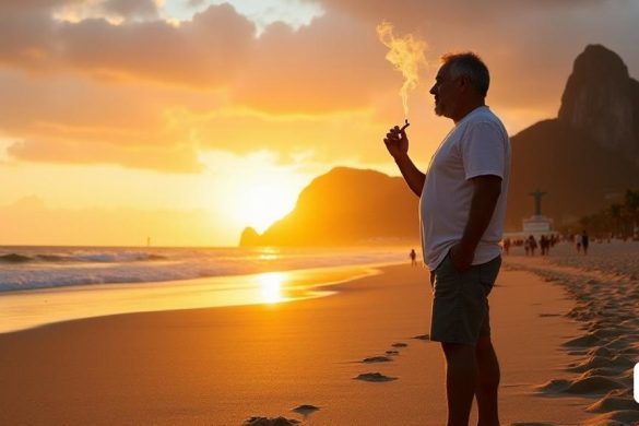 La escena está ambientada en la icónica playa de 'Ipanema', donde la 'arena' dorada brilla bajo el cálido abrazo del sol poniente, lanzando un brillo radiante a través del horizonte. En primer plano, 'Carlo Ancelotti' se para relajado, sus pies enterrados en los granos suaves, exudando un aire de calma y satisfacción. Un 'cigarro', que recuerda al que una vez compartió con 'Vinicius Junior', lisguera suavemente en su mano, liberando mechones de humo fragante que bailan en la cálida brisa de la tarde. El cielo es una impresionante paleta de naranjas, rosas y púrpuras, que refleja el vibrante espíritu de 'Río de Janeiro'. Detrás de él, la famosa montaña de 'Two Brothers' se avecina majestuosamente, su silueta oscura contra el colorido cielo. La playa está salpicada de unos pocos amantes de la playa, sus risas y charlas se mezclan con el sonido relajante de las olas que lamen en la orilla. En la distancia, la icónica estatua de 'Cristo Redentor' se mantiene alta, cuidando la ciudad, simbolizando la esperanza y l