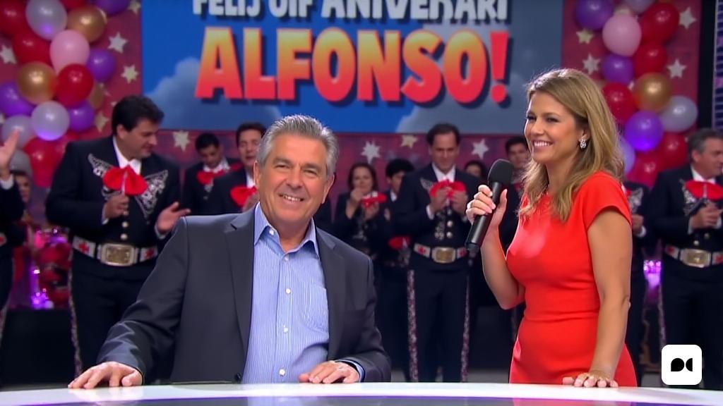 La escena está ambientada en un vibrante estudio de televisión, lleno de decoraciones coloridas que celebran el '64 cumpleaños' de Alfonso Arús. ¡El telón de fondo presenta una gran pancarta que dice 'Feliç Aniversari Alfonso!' En negrita y festiva. En primer plano, Alfonso Arús, un hombre de mediana edad con una sonrisa cálida y cabello cuidadosamente peinado, está sentado en un escritorio elegante y moderno, que se ve ligeramente desconcertado pero divertido. Está vestido con un atuendo informal inteligente, una camisa azul claro combinada con un blazer oscuro. A su derecha, Angie Cárdenas, una mujer animada con una presencia atractiva, está de pie con una sonrisa juguetona, sosteniendo un micrófono. Está vestida con un elegante vestido de color brillante que se suma a la atmósfera de celebración. El estudio está adornado con globos y serpentinas, y se puede ver una banda de mariachi en el fondo, vestida con trajes de charro tradicionales, listos para actuar. El aire está lleno de emoción cuando la banda co