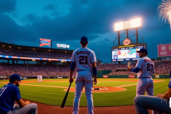 La escena está ambientada en Wrigley Field en Chicago durante un vibrante juego de martes por la noche. El estadio está repleto de ventiladores entusiastas, sus caras iluminadas por las brillantes luces del estadio, creando una atmósfera cálida y eléctrica. En primer plano, Moisés Ballesteros, un joven y decidido "bateador designado" y "receptor", se encuentra en el plato, su bate se apoderó de sus manos, listo para su debut de la MLB. Su uniforme es nítido, con el icónico logotipo de 'Cubs', y el número '21' en su espalda brilla contra la tela azul y blanca. Detrás de él, la multitud es un mar de colores de 'Cachorros', con fanáticos con camisetas, sombreros y banderas agitadas, todos animando con anticipación. En el banquillo, el veterano Justin Turner observa atentamente, una expresión de esperanza se mezcla con el peso de la presión en su rostro. El marcador en el fondo muestra un juego cerrado, con los Cachorros de dos carreras, aumentando la tensión. El cielo de arriba es un azul crepúsculo más profundo