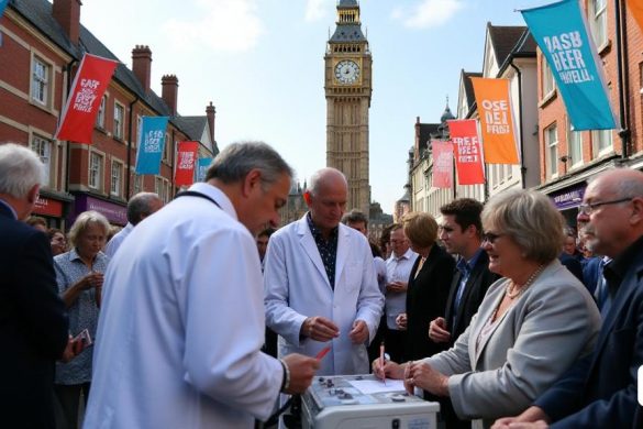 La escena representa un bullicioso centro de la ciudad de Leicester, con la icónica 'torre del reloj' de pie en el fondo, rodeada por una multitud diversa de personas mayores de 60 años. La atmósfera es vibrante y animada, con pancartas coloridas revoloteando en la suave brisa, promoviendo la 'clínica emergente' que ofrece controles de corazón gratis. Un equipo dedicado de 'cardiólogos' en abrigos blancos escucha atentamente los latidos de los latidos de las personas que usan 'estetoscopios', sus expresiones enfocadas y compasivas. Entre ellos, 'Prof Jan Kovac' se dedica a una conversación con un caballero anciano, 'Suryakant Patel', que parece un poco ansioso pero esperanzado mientras describe un 'sonido silbante' que escuchó en sus latidos. Cerca, se establece una gran máquina de 'ecocardiograma', con una enfermera que guía a una anciana, 'Josephine Feeney', a la máquina, su rostro refleja una sensación de alivio. En otra esquina, 'Andrew Carnall', que se ve contemplativo, está llenando un formulario, su ce
