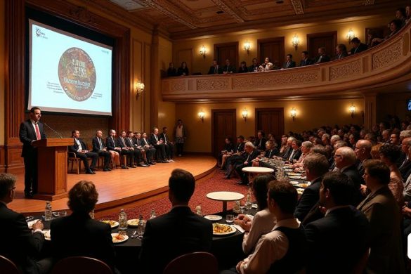 La escena se desarrolla en un 'auditorio' grandioso y elegantemente decorado del 'Diputació de Lleida', lleno de una audiencia ansiosa por presenciar la presentación del libro. A la vanguardia, 'Joan Talarn', el presidente, se encuentra con confianza en un podio, adornado con el emblema de la institución, discutiendo apasionadamente la importancia del libro "La Cuina de Lleida". A su lado, se sienta el estimado 'gastronomista' e 'historiador' 'Jaume Fàbrega, que contiene una copia de su trabajo recién publicado por' Viena Edicions '. La atmósfera es vibrante, con una iluminación suave que ilumina la habitación, destacando los intrincados detalles de la arquitectura, incluidas las 'molduras ornamentadas' y 'vigas de madera' que reflejan el rico patrimonio cultural de la región. En el fondo, una pantalla grande muestra la portada del libro, con imágenes rústicas de 'platos tradicionales' e 'ingredientes locales', que simboliza la esencia de 'Gust de Lleida'. La audiencia, una mezcla de 'entusiastas de la gastro