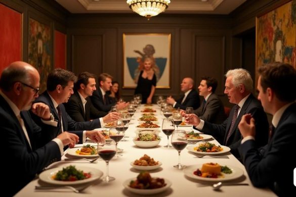 La escena se desarrolla en un lujoso comedor privado en el "lujo" Charlotte Street Hotel, ubicado en el vibrante corazón del 'Soho' de Londres. La sala está adornada con el 'fondo de pantalla con estampado de caleidoscópico' que crea una atmósfera animada, complementada con 'obras de arte gigantes' que agregan un toque de sofisticación. Una larga y elegante mesa de comedor está rodeada por algunos de los principales creativos y ejecutivos de televisión del Reino Unido, involucrados en discusiones animadas sobre el futuro de la televisión británica tradicional en medio de la inminente presencia de los gigantes de la transmisión de los Estados Unidos. Los comensales, vestidos con un atuendo informal inteligente, se ven disfrutando de una comida gourmet, con platos llenos de 'platos presentados ingeniosamente' y copas de buen vino. El ambiente es íntimo y está acusado de urgencia, ya que contemplan la 'crisis de financiamiento aguda' que enfrenta su industria. La sala está iluminada por una iluminación suave y c
