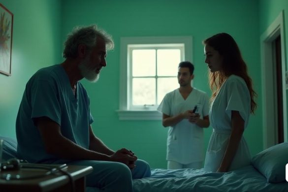 La escena se desarrolla en una habitación de hospital poca luz, donde 'Evren', un hombre de mediana edad con cabello desaliñado y una mirada de desesperación en su rostro, se sienta en el borde de una cama de hospital. Lleva un vestido de hospital azul desteñido, y sus manos se juntan con fuerza, revelando su ansiedad. Las paredes están pintadas de un verde claro, adornado con arte abstracto que contrasta con la gravedad de la situación. Una pequeña ventana permite que la luz solar suave y difusa se filtre, lanzando sombras suaves a través de la habitación. En una mesa cercana, un 'estetoscopio' se encuentra junto a un vaso de agua, simbolizando el entorno médico. En el fondo, una enfermera con una expresión preocupada entra en la habitación, sosteniendo un portapapeles, su uniforme crujiente y blanco. El aire está lleno de tensión cuando 'Bahar', una mujer joven con ojos expresivos y una ceja preocupada, se encuentra junto a Evren, su mano descansando suavemente sobre su hombro en un gesto de apoyo. Está ves