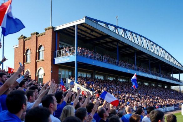 La imagen captura el icónico 'Bullens Road Stand' de Goodison Park, que muestra su histórico 'motivo de balcón entrecruzado' que ha definido el estadio durante casi un siglo. El stand está adornado en los tradicionales colores 'azul y blanco' del club, con la intrincada trabajo de acero del balcón que se muestra prominentemente contra un cielo azul claro. A continuación, los apasionados 'titulares de bolos de temporada' en la primera fila de las banderas vibrantes de las ondas de nivel superior, sus colores contrastan con el ladrillo desgastado del soporte. La escena está viva con energía mientras los fanáticos golpean el acero, su emoción palpable mientras se preparan para una despedida emocional. La arquitectura refleja el legado de 'Archibald Leitch', con la pintura original 'Matt Green' apenas visible debajo de las capas de la historia, insinuando sus primeros días. El área circundante está llena de seguidores, algunos que capturan el momento en sus teléfonos, mientras que otros participan en discusiones
