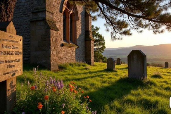 La imagen captura el paisaje sereno y pintoresco que rodea la 'Iglesia Arbuthnott', un edificio histórico ubicado en la exuberante campo 'Kincardineshire'. La antigua fachada de piedra de la iglesia, desgastada por el tiempo, muestra intrincados elementos arquitectónicos 'góticos', con ventanas altas y arqueadas enmarcadas por delicadas tallas de piedra. En primer plano, florecen las flores silvestres vibrantes, sus colores contrastan maravillosamente con los tonos apagados de la piedra de la iglesia. Una suave brisa susurra a través de los árboles de 'pinos escoceses' cercanos, sus agujas brillan en la suave luz dorada del sol. En el fondo, las colinas se extienden hacia el horizonte, bañadas en tonos cálidos de naranja y rosa, lo que indica el final del día. El cementerio, salpicado de lápidas desgastadas, rinde homenaje a la importancia literaria de la iglesia, ya que los restos de 'Lewis Grasic Gibbon' se encuentran debajo de una simple piedra de altura, rodeada por una alfombra de hierba verde. Un signo