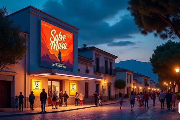 La imagen captura la atmósfera vibrante del 'Cinema La Lliga' en Capellades, adornado con un póster grande y colorido que anuncia la proyección de 'Salve Maria', una película de Mar Coll. El póster presenta una mezcla artística de colores cálidos, con el título 'Salve Maria' que se muestra prominentemente en tipografía audaz y elegante. Al rodear el cine, las calles están iluminadas por luces suaves y ambientales, creando un ambiente acogedor y acogedor. Se puede ver a un grupo diverso de personas, incluidas familias y amigos, charlando y riendo con entusiasmo mientras se acercan al cine, sus caras reflejan la anticipación para la película. El aire está lleno de sonidos de emoción y charla, mientras que una brisa suave susurra las hojas de los árboles cercanos, lo que se suma al ambiente nocturno sereno. Sobre el cine, un claro cielo nocturno se centra con estrellas, insinuando la noche perfecta para una experiencia cinematográfica. La fecha '23 de Maig de 2025 'se integra sutilmente en el diseño, recordando