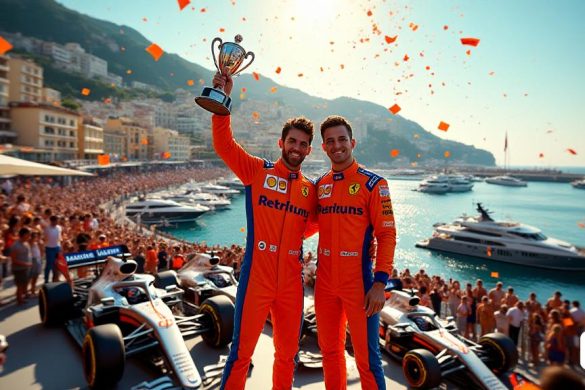 La imagen captura la atmósfera vibrante del Gran Premio de Mónaco, mostrando a Lando Norris en su traje de carreras McLaren, un conjunto de naranja y azul brillante, parado triunfante en el podio. El sol brilla intensamente, lanzando un tono dorado sobre la escena, reflejando los autos elegantes y pulidos alineados debajo. En el fondo, el icónico puerto de Monte Carlo brilla con yates de lujo que se balancean suavemente sobre el agua, sus cascos blancos contrastan bruscamente con el profundo mar azul. Los espectadores llenan las tribunas, agitando banderas y vítores, su emoción palpable. Una pantalla grande muestra los resultados de la carrera, destacando el nombre de Norris en letras en negrita como ganador. El aire está lleno del aroma de caucho quemado y los sonidos de la celebración, mientras que confeti llueve en una colorida cascada, creando un ambiente festivo. Las estrechas calles de Mónaco están llenas de edificios históricos, sus colores pastel se suman al encanto de la escena. Norris, con una ampli