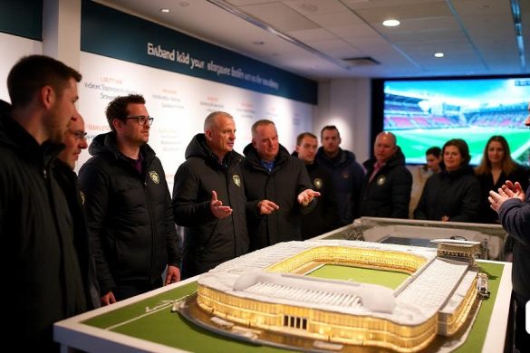 La imagen captura la atmósfera vibrante del pabellón del centenario en Elland Road, bullicioso de los partidarios de Leeds United se involucra ansiosamente con la última exposición sobre los planes de reurbanización del estadio. El pabellón está adornado con pantallas grandes e informativas que muestran 'literatura', 'simulaciones de video' y un 'modelo 3D' detallado del estadio propuesto, que cuenta con una capacidad '53, 000 con capacidad '. Se ve a los asistentes interactuando con representantes del club, sus expresiones una mezcla de emoción y curiosidad. En primer plano, un grupo de seguidores, incluidos Matt y Simon Abbott, discuten animadamente sus impresiones, con Matt dando un gesto hacia el modelo, enfatizando el "detalle" y la "consideración" en los planes. El telón de fondo presenta una pantalla grande que muestra una simulación de video del nuevo estadio, mientras que Dropboxes para comentarios se colocan estratégicamente en la habitación, invitando opiniones honestas. El ambiente general es de e