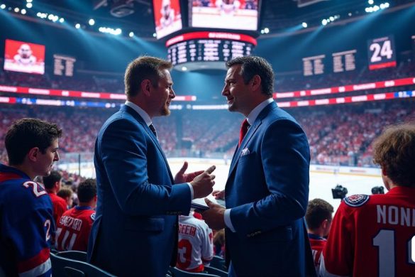 La imagen captura la emoción del draft de la NHL 2025, ambientada en una bulliciosa arena llena de apasionados fanáticos, adornados en camisetas de sus equipos favoritos. La atmósfera es eléctrica, con vibrantes 'colores de equipo' iluminando las gradas. En primer plano, dos figuras prominentes, Corey Promman y Scott Wheeler, se dedican a una discusión animada, rodeadas por un telón de fondo de 'tableros de draft' que muestran nombres y estadísticas de los jugadores. Pronman, sosteniendo un bloc de notas, hace gestos con entusiasmo mientras Wheeler, inclinado hacia adelante, escucha atentamente. Detrás de ellos, una gran pantalla digital muestra el orden del borrador, con resaltados intermitentes de las principales perspectivas como 'Matthew Schaefer' y 'Michael Misa'. La multitud es una mezcla de fanáticos esperanzados, personal de los medios con cámaras preparadas y exploradores que toman notas. En el hielo, un foco brilla, iluminando un podio donde pronto se anunciarán futuras estrellas. La escena general