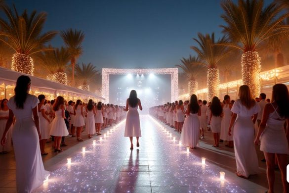 La imagen captura la esencia vibrante de la 'Noche Blanca' en Desalia 2025, donde más de mil invitados, todos vestidos de 'blanco', desfilan con elegancia por la 'alfombra blanca' que brilla bajo las luces festivas. El ambiente está impregnado de 'glamur' y energía contagiosa, con un fondo de palmeras y decoraciones que transforman el espacio en un paraíso veraniego en 'Macarella', Coma-ruga. En el centro de la escena, el artista 'Abraham Mateo' se presenta en el escenario, iluminado por luces brillantes, mientras los asistentes disfrutan de la música y la compañía. Las sonrisas amplias de figuras como 'Sofía Suescun', 'IlloJuan', y 'Clerss' reflejan la alegría del evento, mientras que la decoración incluye elementos de la estética 'Coachella', con toques de sofisticación y diversión. La atmósfera es festiva, con un aire de celebración que marca el inicio de la temporada de festivales de verano en la 'Costa Dorada'.