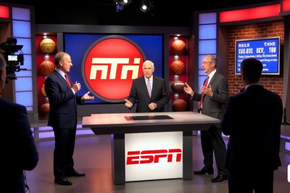 La imagen captura un estudio de televisión vibrante, lleno de energía cuando el episodio final de 'Around the Horn' de ESPN está a punto de aire. El telón de fondo presenta un logotipo grande e iluminado 'Ath', rodeado de varios recuerdos deportivos, incluidos baloncesto, fútbol y murciélagos de béisbol, simbolizando las diversas discusiones deportivas que tuvieron lugar a lo largo de los años. En primer plano, el anfitrión Tony Reali se encuentra en un escritorio elegante y moderno, su expresión una mezcla de nostalgia y determinación. Está flanqueado por dos panelistas destacados, Tim Cowlishaw y Bill Plaschke, que se dedican a una discusión animada, sus caras reflejan la pasión y la intensidad del debate deportivo. Las luces de estudio lanzan un brillo cálido, destacando la camaradería entre los panelistas. Un marcador digital muestra puntos otorgados por sus tomas, enfatizando la naturaleza competitiva del espectáculo. La atmósfera está acusada de un sentido de finalidad, ya que los miembros de la tripula