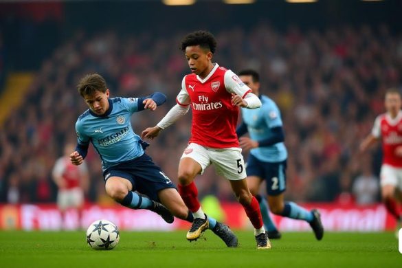 La imagen captura un momento dinámico de un partido de fútbol juvenil con 'Max Dowman', un prodigio de fútbol de 15 años, que juega para 'Arsenal U18' contra el 'Manchester United U18' en el 'Quarter-Final-Final'. En primer plano, Dowman se representa en medio de Drible, su rostro enfocado y decidido, mostrando una combinación de exuberancia juvenil y equilibrio profesional. Lleva la icónica camiseta 'Arsenal Red', estampada con la cresta del club, y sus pantalones cortos están ligeramente fangosos del campo. Su pie izquierdo está listo para tocar la pelota, que está a solo centímetros de distancia, mientras que su brazo derecho se extiende, usándolo para defenderse de un defensor que se está lanzando hacia él, intentando interceptar. El fondo es un borrón de los jugadores del 'Manchester United', sus expresiones una mezcla de concentración y frustración mientras intentan mantenerse al día con los rápidos movimientos de Dowman. La multitud en las gradas es un mar de caras excitadas, algunas ondeando banderas