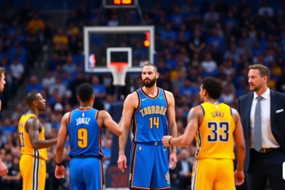 La imagen captura un momento tenso durante un juego de playoffs de la NBA entre el Oklahoma City Thunder y los Denver Nuggets en el Ball Arena en Denver. La arena es llena de emoción, llena de fanáticos con una mezcla de camisetas de oro de Thunder Blue y Nuggets, sus caras pintadas y manteniendo carteles coloridos en apoyo de sus equipos. En primer plano, Nikola Jokić, el imponente centro serbio para los Nuggets, se ve en un momento de intensa concentración, su ceño fruncido mientras examina la corte, rodeado de defensores. Está flanqueado por dos jugadores de truenos, sus cuerpos se encuentran en una postura de 'doble cobertura', que muestra su 'defensa ultra conmutable'. El fondo es un borrón de movimiento, con jugadores en varias posiciones, que encarna el ritmo frenético del juego. Al margen, el entrenador de los Nuggets está haciendo un gesto animado, instando a su equipo a endurecer su "defensa" cuando el marcador muestra un juego cerrado. La iluminación en la arena arroja un brillo dramático en los ju