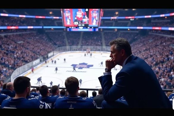 La imagen captura un momento tenso en la arena de Scotiabank, llena de un mar de camisetas azules y blancas, los colores de los Toronto Maple Leafs. La arena está llena de anticipación, ya que los fanáticos están al borde de sus asientos, algunos con expresiones esperanzadoras, mientras que otros muestran signos de frustración. En primer plano, Brendan Shanahan, el ex presidente de los Maple Leafs, se representa en una lujosa caja de personal, su barbilla descansa cuidadosamente en su mano, con los ojos fijos en la enorme pantalla 'Jumbotron' sobre el hielo, donde la partitura lee '6-1' en letras rojas audaces, señalando una situación grave para su equipo. La expresión de Shanahan es tranquila pero contemplativa, lo que refleja el peso del momento mientras procesa el juego de desarrollo. Detrás de él, la multitud está animada, con algunos fanáticos visiblemente molestos, arrojando camisetas al hielo y abucheando en voz alta, sus caras tienen una mezcla de ira y decepción. La superficie de hielo a continuación