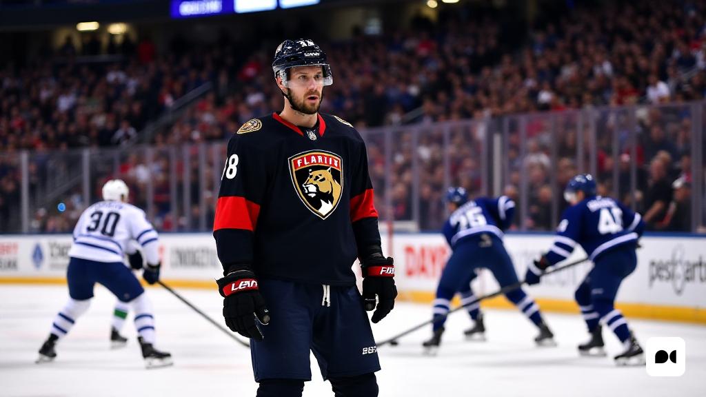 La imagen captura un momento tenso en un juego de hockey profesional, mostrando la intensidad del hockey de playoffs. En primer plano, Aaron Ekblad, un defensa alto y musculoso de los Florida Panthers, se ve en su camiseta del equipo negro y rojo, con el logotipo de 'Panthers' que se exhibe prominentemente en su pecho. Su expresión está enfocada y determinada, lo que refleja la presión del juego. Detrás de él, la pista de hielo está llena de acción; Los jugadores de ambos equipos se dedican a una feroz batalla por el disco. Los Toronto Maple Leafs, vestidos con sus clásicos uniformes azules y blancos, parecen estar a la defensiva, con un jugador intentando bloquear un disparo mientras otro patina difícil de recuperar la posesión. La multitud en las gradas es un borrón de emoción, con los fanáticos agitando banderas y con colores de equipo, creando una atmósfera vibrante. El marcador en el fondo muestra una puntuación cerrada, aumentando la tensión del momento. La iluminación es brillante, iluminando el hielo