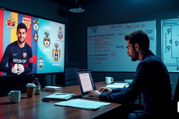 La imagen captura un momento tenso en una bulliciosa sala de noticias deportivas, llena de reporteros y analistas. En primer plano, un periodista deportivo enfocado escribe rápidamente en una computadora portátil, rodeada de notas y tazas de café, que encarna la urgencia de las noticias de última hora. Detrás de él, una pantalla grande muestra un gráfico vívido de 'Joan García', el joven portero, adornado en su kit RCD Espanyol, con una expresión decidida en su rostro. El fondo está lleno de imágenes de varios clubes de fútbol como 'Barcelona', 'Real Madrid', 'Newcastle' y 'Manchester City', cada logotipo brillando intensamente contra la habitación oscura. Una pizarra cercana está abarrotada de notas tácticas y estadísticas de jugadores, destacando la impresionante rendimiento de 'Laliga' de García. La atmósfera es eléctrica, con la anticipación de una transferencia significativa que hace que el aire sea grueso con emoción y especulación.