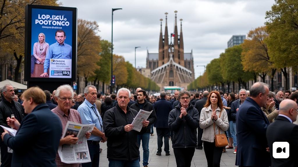 La imagen captura una atmósfera política tensa en Barcelona, ​​mostrando una bulliciosa plaza de la ciudad llena de ciudadanos preocupados. En primer plano, un grupo de hombres y mujeres de mediana edad, vestidos con atuendos informales inteligentes, se reúne en pequeños grupos, sus expresiones reflejan la preocupación y la contemplación. Algunos tienen periódicos con titulares audaces sobre 'juntas' y 'PSC', mientras que otros participan en discusiones animadas. El fondo presenta la arquitectura icónica de Barcelona, ​​con la 'Sagrada Familia' visible en la distancia, sus intrincadas torres se extienden hacia un cielo turbio. Se ve a los vendedores ambulantes vendiendo 'tapas' y bebidas, lo que se suma al ambiente vibrante pero incómodo. Una gran valla publicitaria digital muestra los últimos números de votación, destacando el '18 .5%'para juntas y '25%' para PSC, enfatizando aún más el cambio electoral. El estado de ánimo general es de incertidumbre y anticipación, ya que los residentes de la ciudad se prep