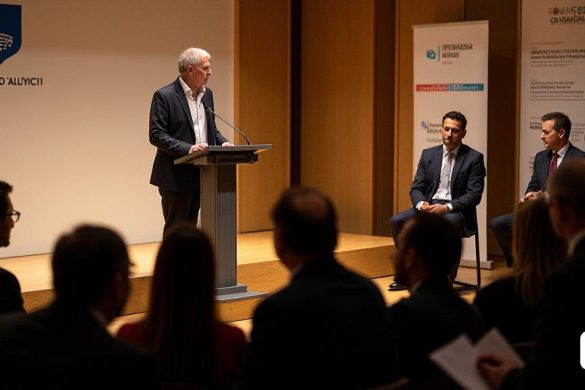La imagen captura una ceremonia formal celebrada en el 'Sala d’ates' de 'Campus d’Olki' en la 'Universitat Politècnica de València'. En primer plano, Pau Bernabeu se encuentra con confianza en un podio, entregando su discurso de aceptación como nuevo director, con un telón de fondo que presenta el logotipo de la universidad. Está vestido con un traje a medida, exudando profesionalismo y determinación. A su derecha, José Capilla, el rector, está sentado, escuchando atentamente, con una expresión de aprobación en su rostro. La audiencia, compuesta por autoridades académicas, representantes institucionales y miembros de la comunidad universitaria, llena la habitación, algunos toman notas mientras que otros asienten de acuerdo. La atmósfera es de optimismo y ambición, con pancartas que destacan 'innovación', 'educación' y 'compromiso comunitario' que adornan los muros. La iluminación es cálida, creando un ambiente acogedor pero formal, lo que refleja la importancia de este nuevo capítulo para el campus. La imagen