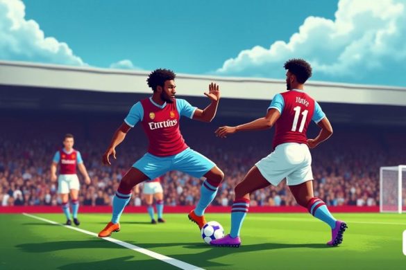 La imagen captura una escena de fútbol dinámica durante un partido en Villa Park, mostrando la intensa competencia entre dos defensores centrales, 'Tyrone Mings' y 'Pau Torres'. El primer plano presenta a Mings, una figura alta y robusta, vestida en el clarete y el kit azul de Aston Villa, sus músculos se tensan mientras se prepara para un duelo defensivo. Su expresión está enfocada y determinada, lo que refleja sus cualidades de liderazgo y su compromiso de 'administrar la caja'. Por el contrario, Torres, con el mismo kit, se representa ligeramente detrás de Mings, mostrando su postura más relajada, indicativa de su estilo de juego 'progresivo'. El fondo presenta un estadio lleno, con los fanáticos apasionando apasionadamente, creando una atmósfera eléctrica. El tono es exuberante y verde, marcado con líneas blancas transparentes, mientras que los postes de la portería se mantienen en la distancia. El cielo es un azul vibrante, insinuando un día de partido perfecto. La imagen encapsula la esencia de una bata